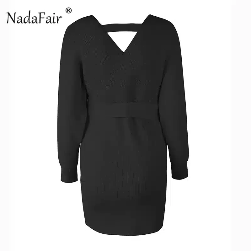 Nadafair 2018 long sleeve knitted sweater winter dresses women autumn v neck sash sexy bodycon mini dresses elegant robe pull 21