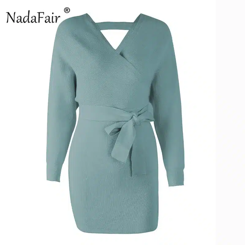 Nadafair 2018 long sleeve knitted sweater winter dresses women autumn v neck sash sexy bodycon mini dresses elegant robe pull 22