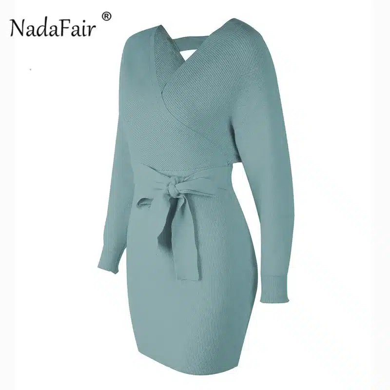 Nadafair 2018 long sleeve knitted sweater winter dresses women autumn v neck sash sexy bodycon mini dresses elegant robe pull 23