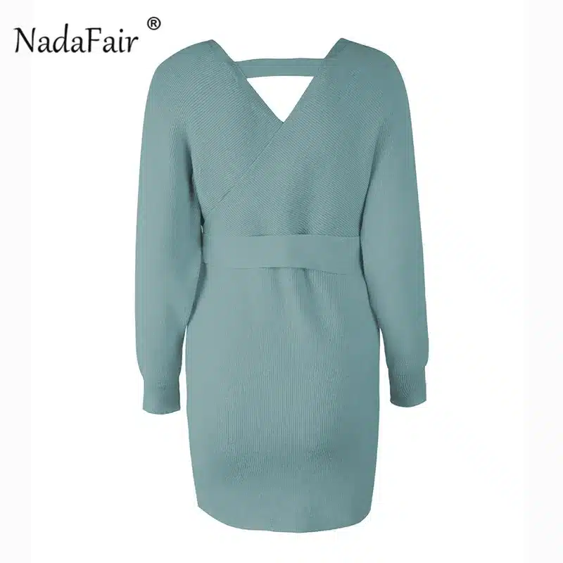 Nadafair 2018 long sleeve knitted sweater winter dresses women autumn v neck sash sexy bodycon mini dresses elegant robe pull 24
