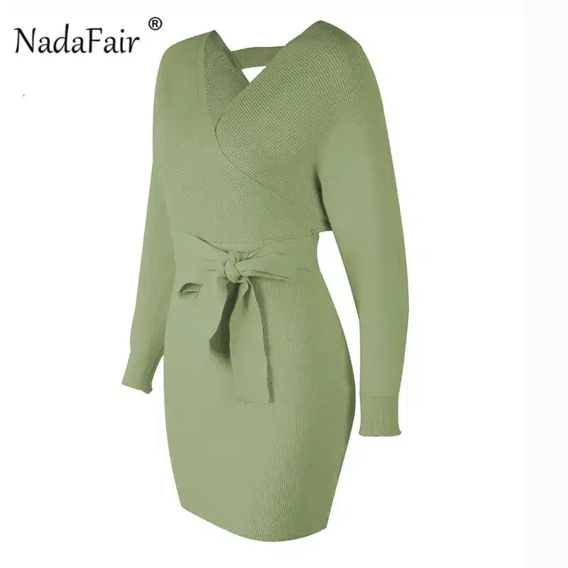 Nadafair 2018 long sleeve knitted sweater winter dresses women autumn v neck sash sexy bodycon mini dresses elegant robe pull 26