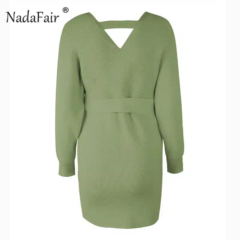 Nadafair 2018 long sleeve knitted sweater winter dresses women autumn v neck sash sexy bodycon mini dresses elegant robe pull 27