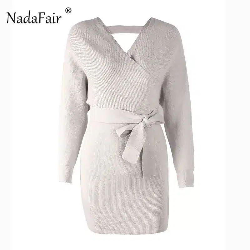 Nadafair 2018 long sleeve knitted sweater winter dresses women autumn v neck sash sexy bodycon mini dresses elegant robe pull 28