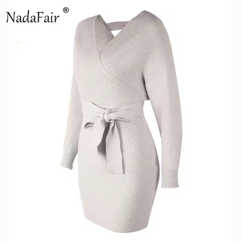 Nadafair 2018 long sleeve knitted sweater winter dresses women autumn v neck sash sexy bodycon mini dresses elegant robe pull 29