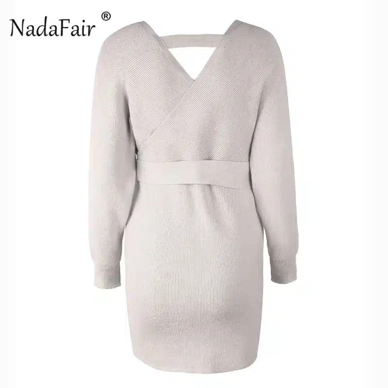 Nadafair 2018 long sleeve knitted sweater winter dresses women autumn v neck sash sexy bodycon mini dresses elegant robe pull 30