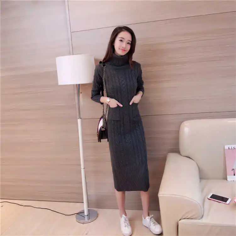 Women Winter Knit Dresses 2018 Europe Long Sleeve Turtleneck Casual Slim Warm Maxi Sweater Dress Plus Size Women's Clothing L-66 10