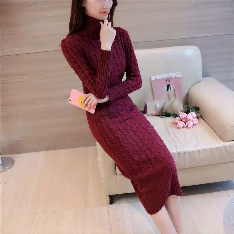 Women Winter Knit Dresses 2018 Europe Long Sleeve Turtleneck Casual Slim Warm Maxi Sweater Dress Plus Size Women's Clothing L-66 14