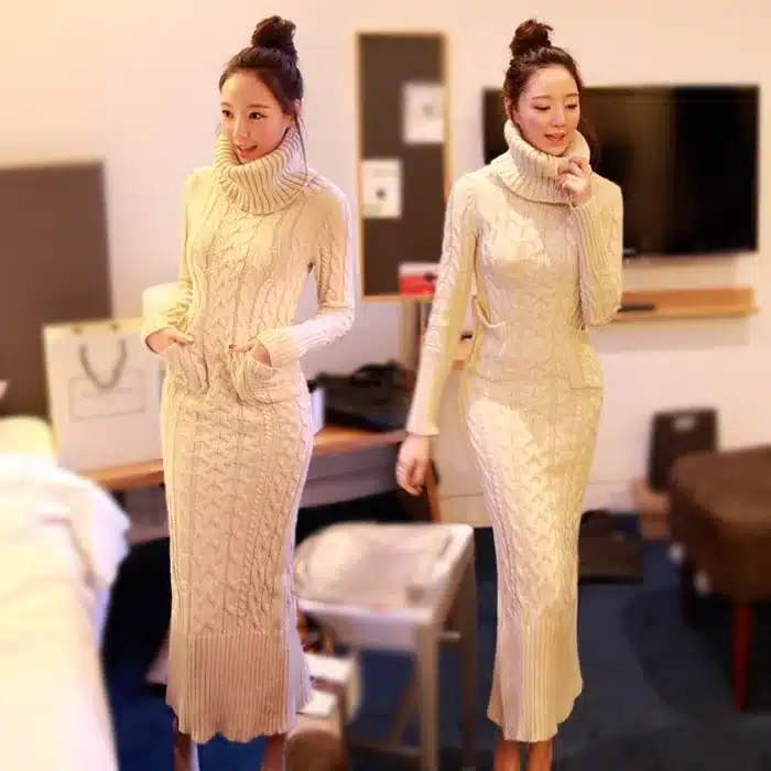 Women Winter Knit Dresses 2018 Europe Long Sleeve Turtleneck Casual Slim Warm Maxi Sweater Dress Plus Size Women's Clothing L-66 16