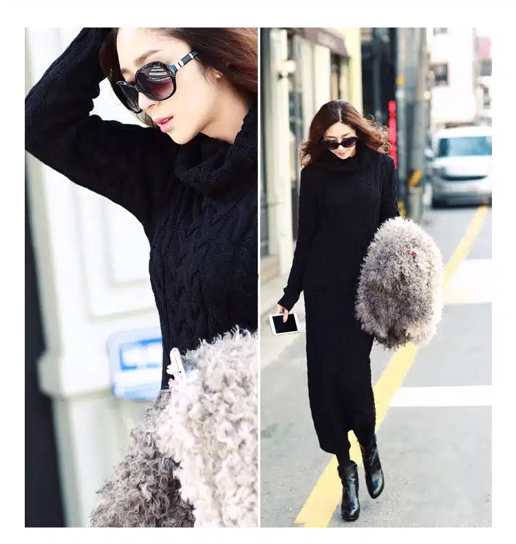 Women Winter Knit Dresses 2018 Europe Long Sleeve Turtleneck Casual Slim Warm Maxi Sweater Dress Plus Size Women's Clothing L-66 22