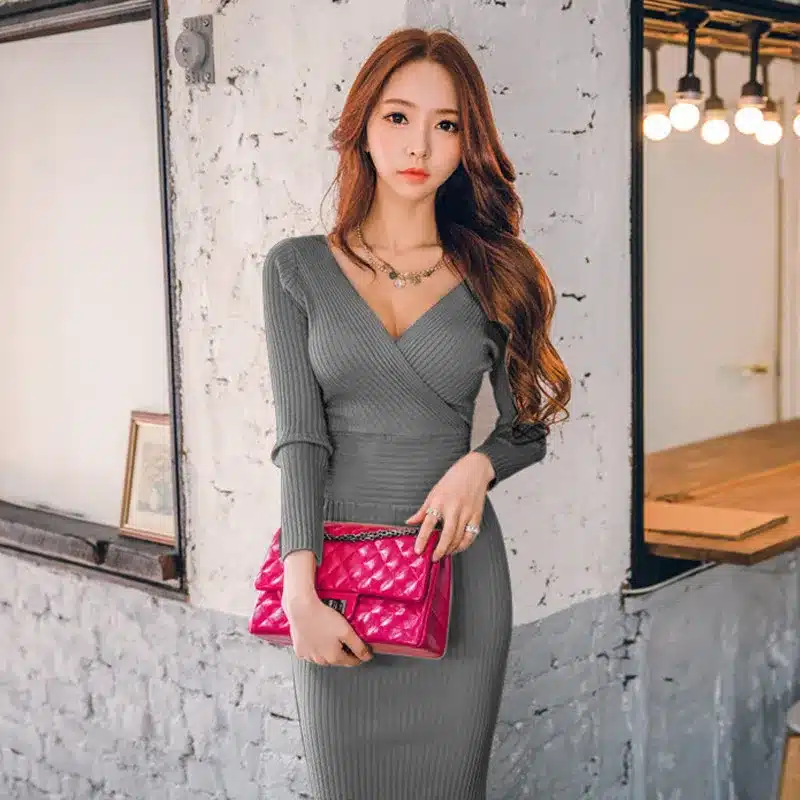 Fit 45-70KG Autumn Winter Women Knitted Cotton Skinny Sweater Dress V-neck Slim Bodycon Dress Elegant Pink Sexy Party Vestidos 6