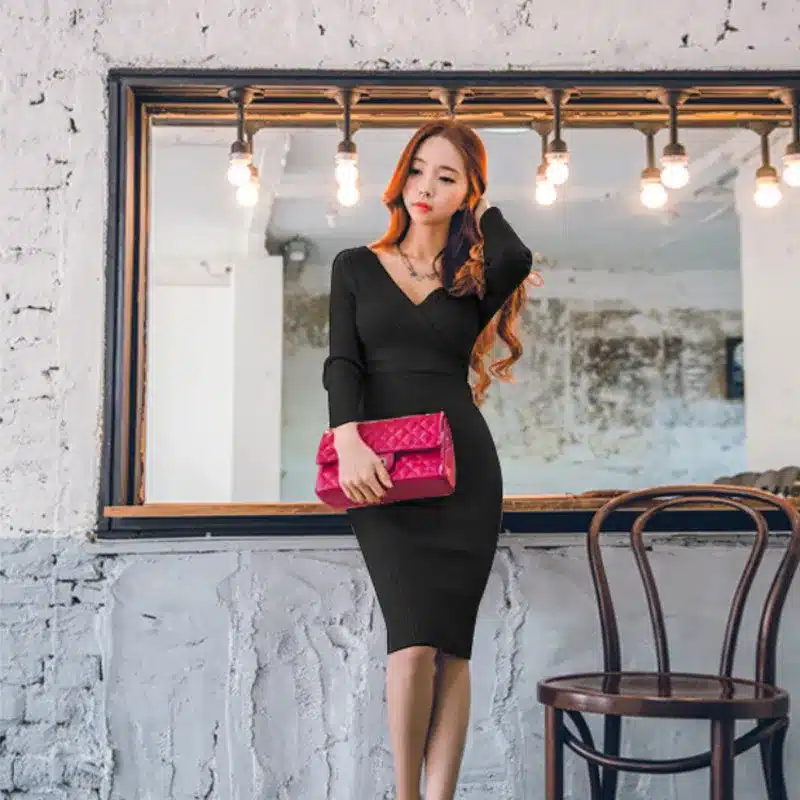 Fit 45-70KG Autumn Winter Women Knitted Cotton Skinny Sweater Dress V-neck Slim Bodycon Dress Elegant Pink Sexy Party Vestidos 8