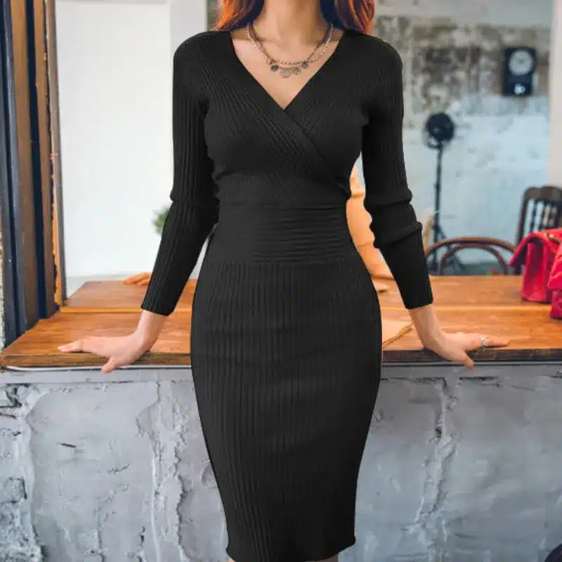 Fit 45-70KG Autumn Winter Women Knitted Cotton Skinny Sweater Dress V-neck Slim Bodycon Dress Elegant Pink Sexy Party Vestidos 9