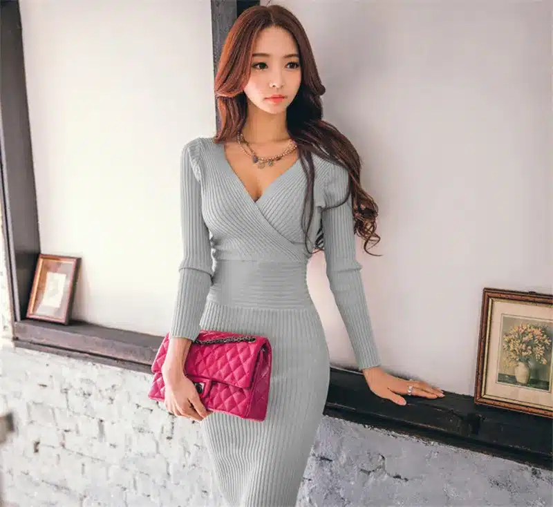 Fit 45-70KG Autumn Winter Women Knitted Cotton Skinny Sweater Dress V-neck Slim Bodycon Dress Elegant Pink Sexy Party Vestidos 11