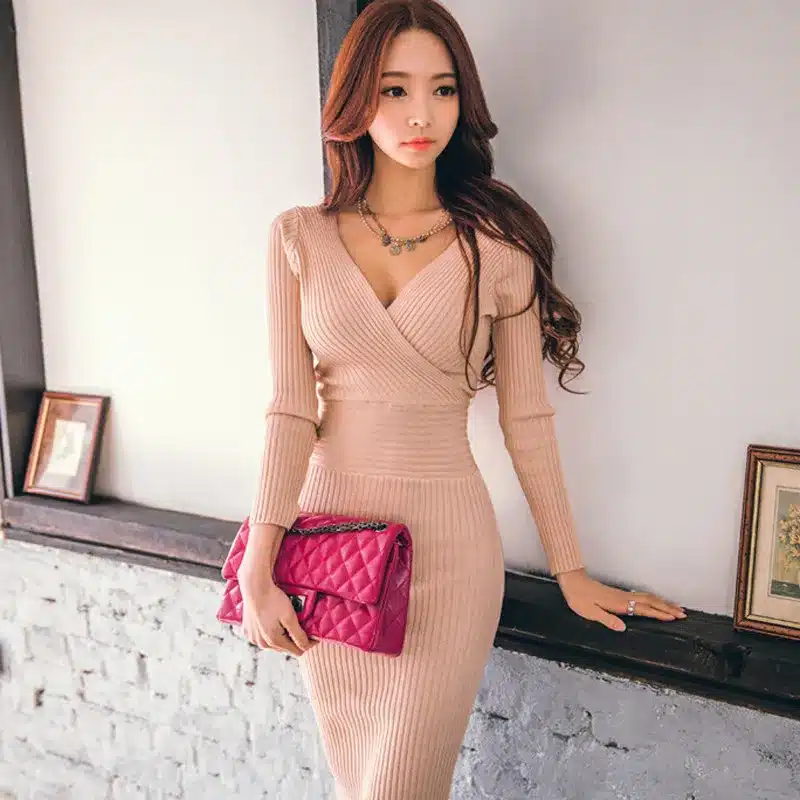 Fit 45-70KG Autumn Winter Women Knitted Cotton Skinny Sweater Dress V-neck Slim Bodycon Dress Elegant Pink Sexy Party Vestidos 13