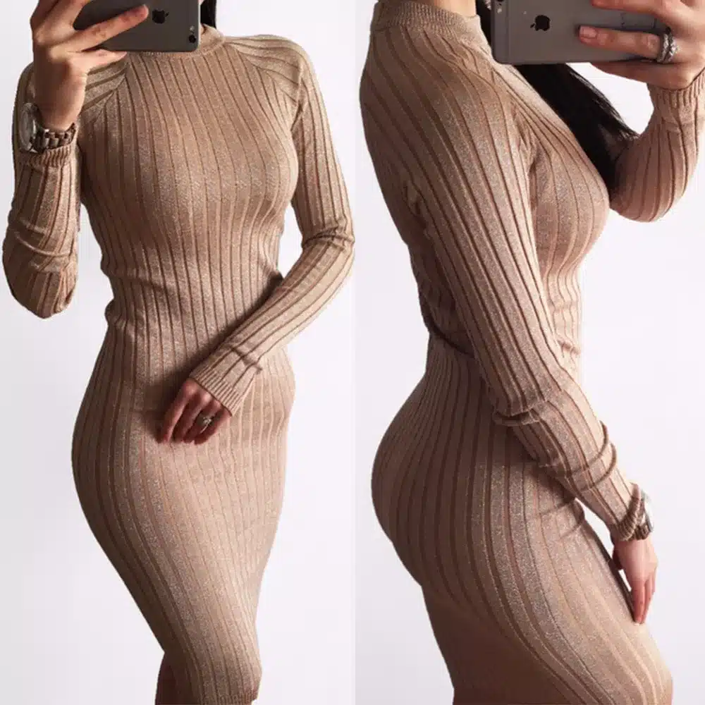Wixra Warm and Charm Women Sweater Dress 2017 Fall Winter Long Sexy Lurex Bodycon Dresses Elastic Striped Skinny Knitted Dress 22