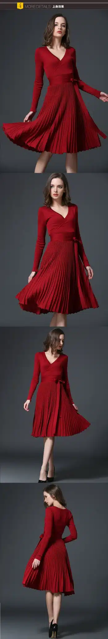 2017 New Autumn Winter Vintage Pleated Dress Women Solid Knee-length Long Sleeved Empire Sexy V-neck Elegant Knitted Dresses 10