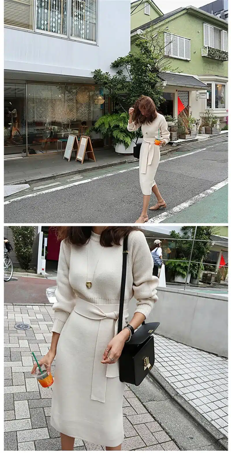 RUGOD 2018 New Winter Kintted Sweater Dress Women Sweet Elegant Pullover O-Neck Long Sleeves Mid-Calf Pencil Dress Solid Color 14