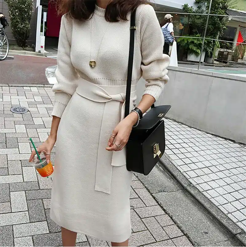 RUGOD 2018 New Winter Kintted Sweater Dress Women Sweet Elegant Pullover O-Neck Long Sleeves Mid-Calf Pencil Dress Solid Color 15
