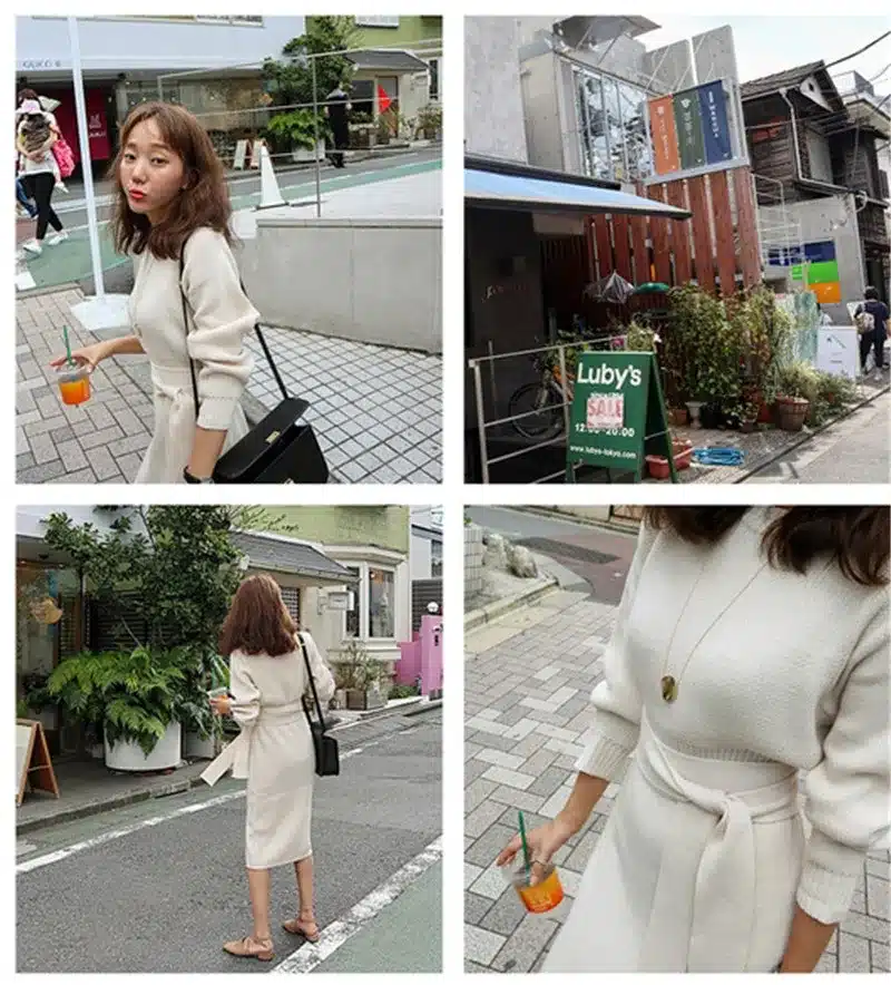 RUGOD 2018 New Winter Kintted Sweater Dress Women Sweet Elegant Pullover O-Neck Long Sleeves Mid-Calf Pencil Dress Solid Color 16