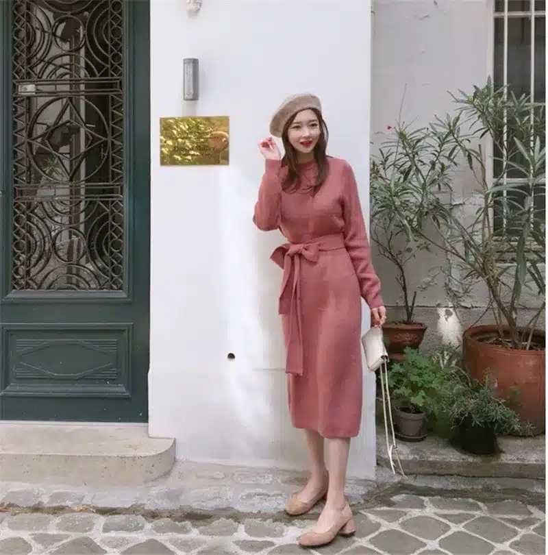 RUGOD 2018 New Winter Kintted Sweater Dress Women Sweet Elegant Pullover O-Neck Long Sleeves Mid-Calf Pencil Dress Solid Color 17