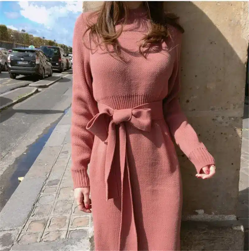 RUGOD 2018 New Winter Kintted Sweater Dress Women Sweet Elegant Pullover O-Neck Long Sleeves Mid-Calf Pencil Dress Solid Color 19