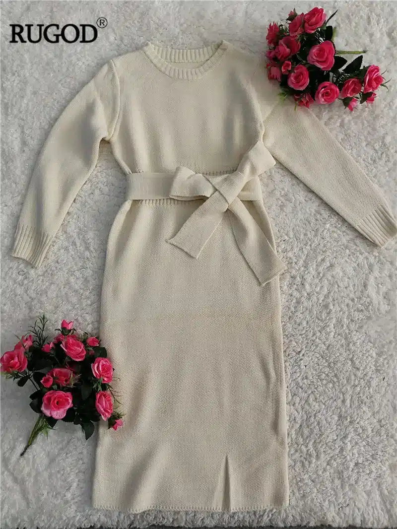 RUGOD 2018 New Winter Kintted Sweater Dress Women Sweet Elegant Pullover O-Neck Long Sleeves Mid-Calf Pencil Dress Solid Color 21