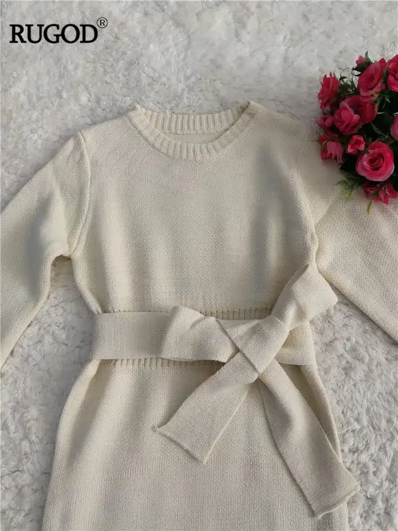 RUGOD 2018 New Winter Kintted Sweater Dress Women Sweet Elegant Pullover O-Neck Long Sleeves Mid-Calf Pencil Dress Solid Color 22