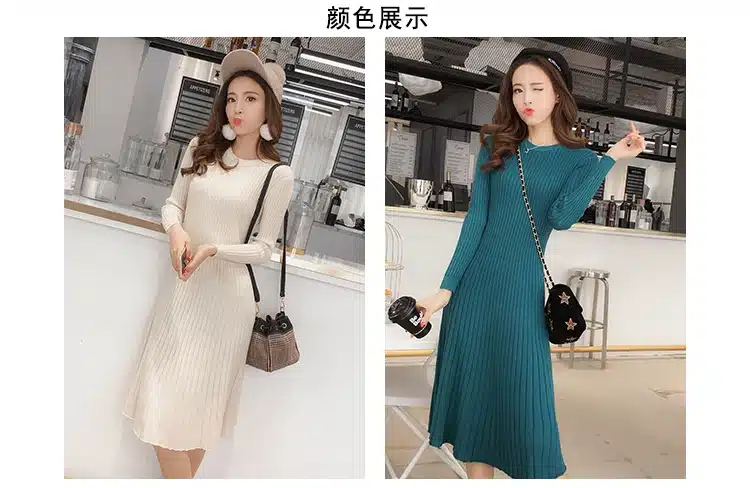 Winter Sweater Dress Women Knitted Slim Pullover Clothing O-Neck Sweater Ladies Long Sleeve Long femme dress warm Ladies 10