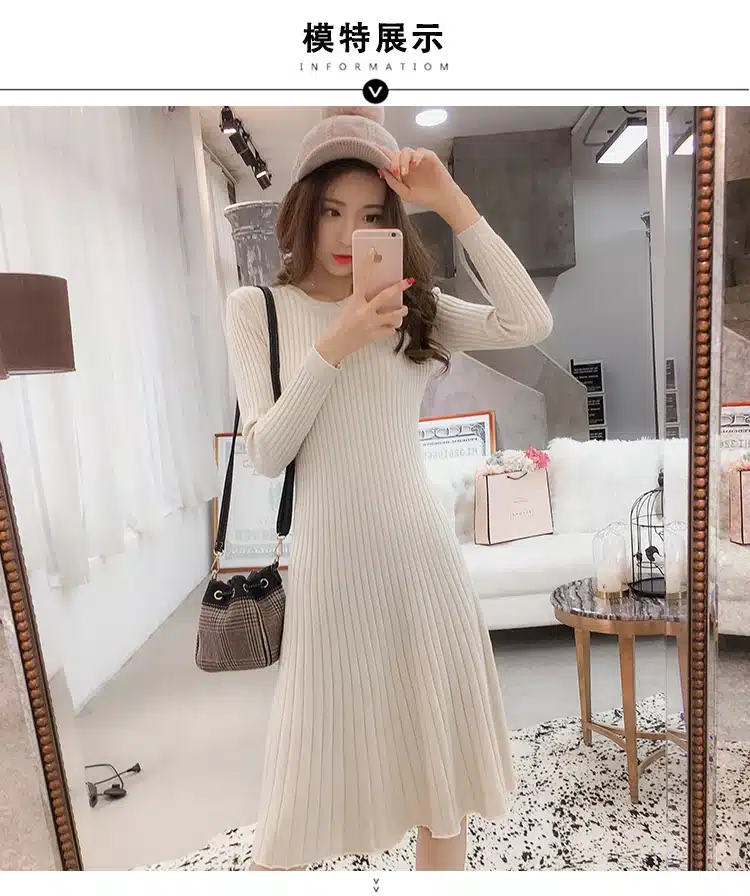 Winter Sweater Dress Women Knitted Slim Pullover Clothing O-Neck Sweater Ladies Long Sleeve Long femme dress warm Ladies 13
