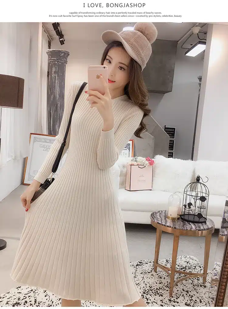 Winter Sweater Dress Women Knitted Slim Pullover Clothing O-Neck Sweater Ladies Long Sleeve Long femme dress warm Ladies 14