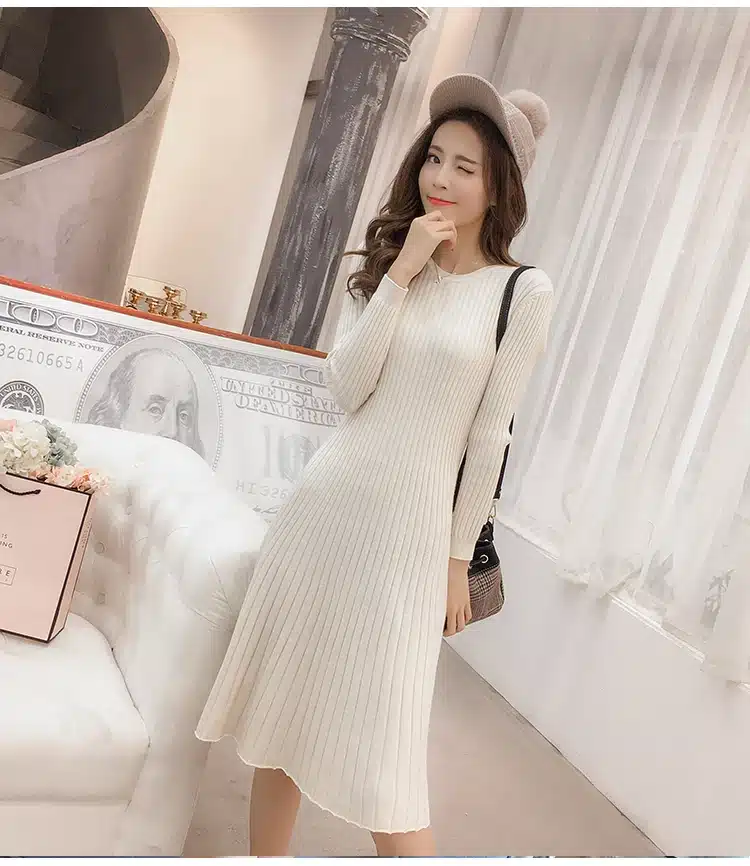 Winter Sweater Dress Women Knitted Slim Pullover Clothing O-Neck Sweater Ladies Long Sleeve Long femme dress warm Ladies 15