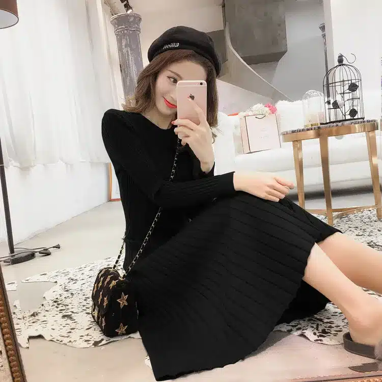 Winter Sweater Dress Women Knitted Slim Pullover Clothing O-Neck Sweater Ladies Long Sleeve Long femme dress warm Ladies 18