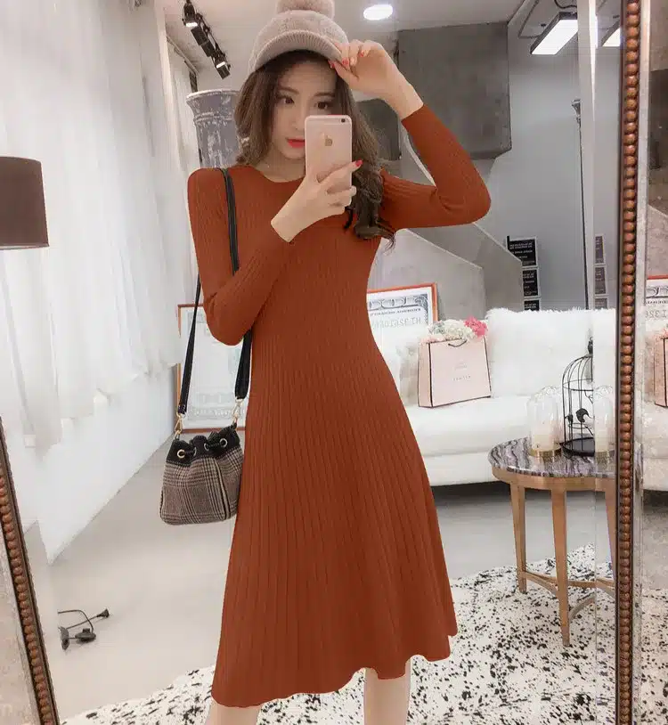 Winter Sweater Dress Women Knitted Slim Pullover Clothing O-Neck Sweater Ladies Long Sleeve Long femme dress warm Ladies 19
