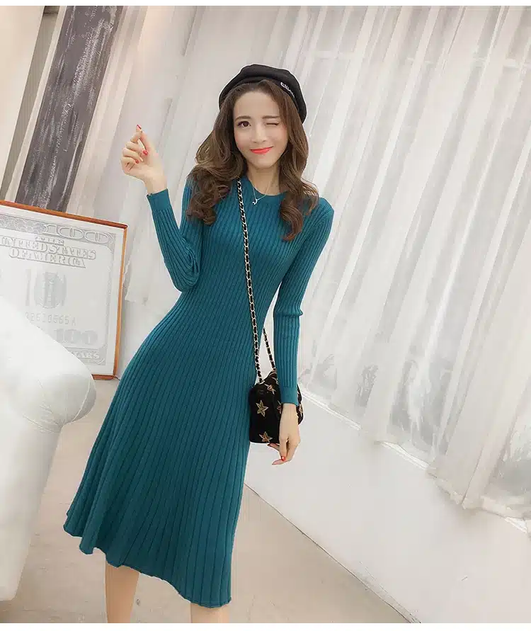 Winter Sweater Dress Women Knitted Slim Pullover Clothing O-Neck Sweater Ladies Long Sleeve Long femme dress warm Ladies 24