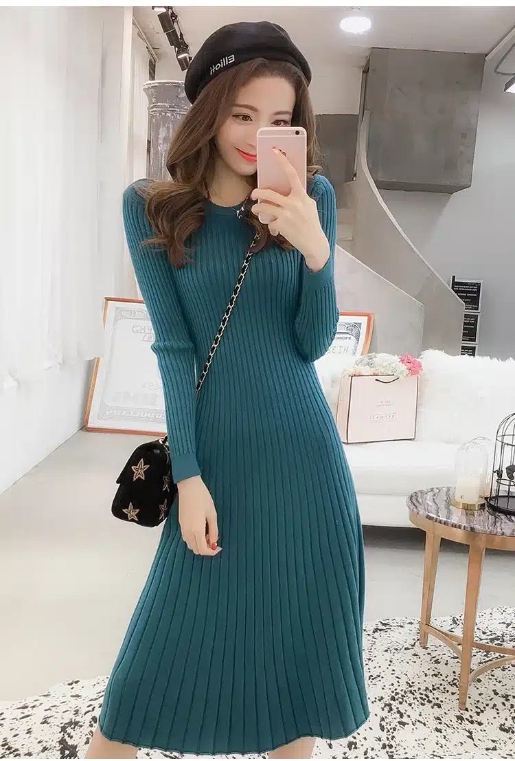 Winter Sweater Dress Women Knitted Slim Pullover Clothing O-Neck Sweater Ladies Long Sleeve Long femme dress warm Ladies 26