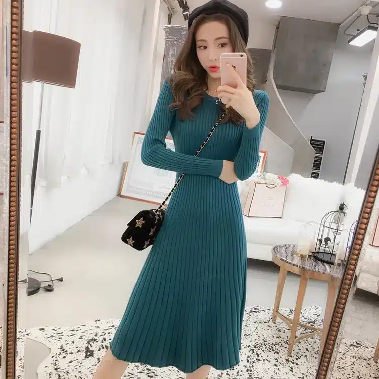 Winter Sweater Dress Women Knitted Slim Pullover Clothing O-Neck Sweater Ladies Long Sleeve Long femme dress warm Ladies 27