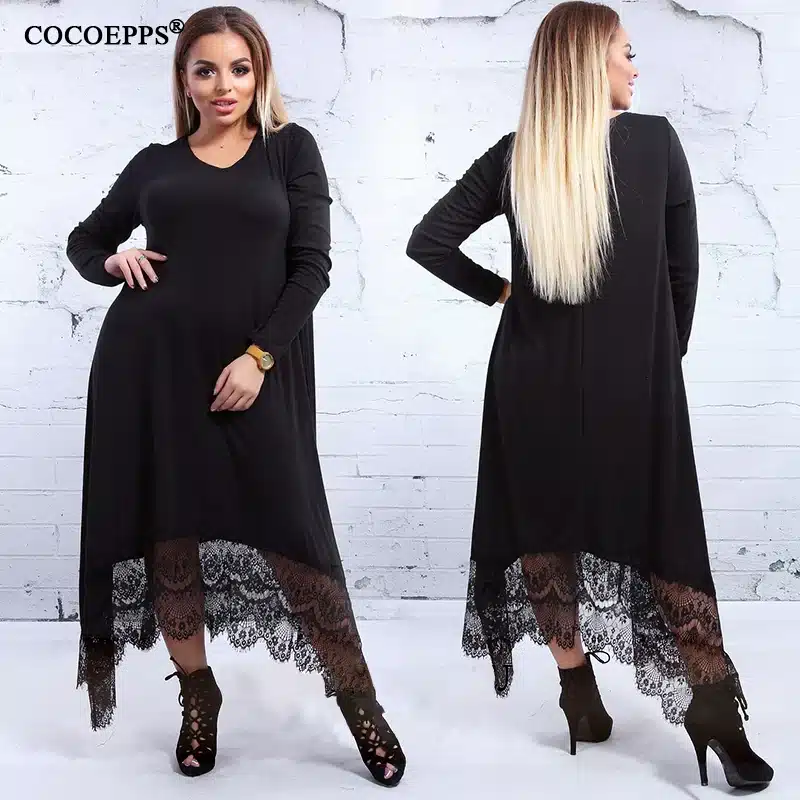 5XL 6XL 2018 new Women Irregular Lace Patchwork Long Dress Maxi Winter Big Sizes Dress Plus Size Casual Party Dresses Black Blue 11