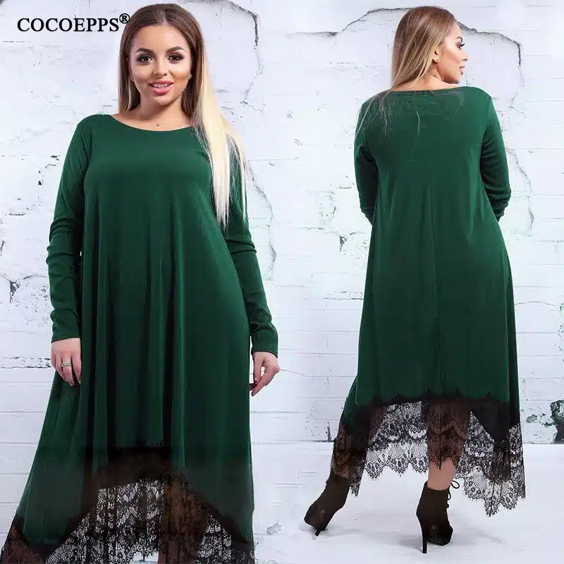 5XL 6XL 2018 new Women Irregular Lace Patchwork Long Dress Maxi Winter Big Sizes Dress Plus Size Casual Party Dresses Black Blue 12