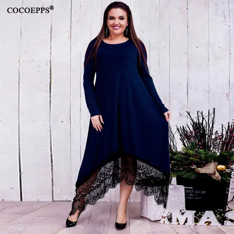 5XL 6XL 2018 new Women Irregular Lace Patchwork Long Dress Maxi Winter Big Sizes Dress Plus Size Casual Party Dresses Black Blue 13