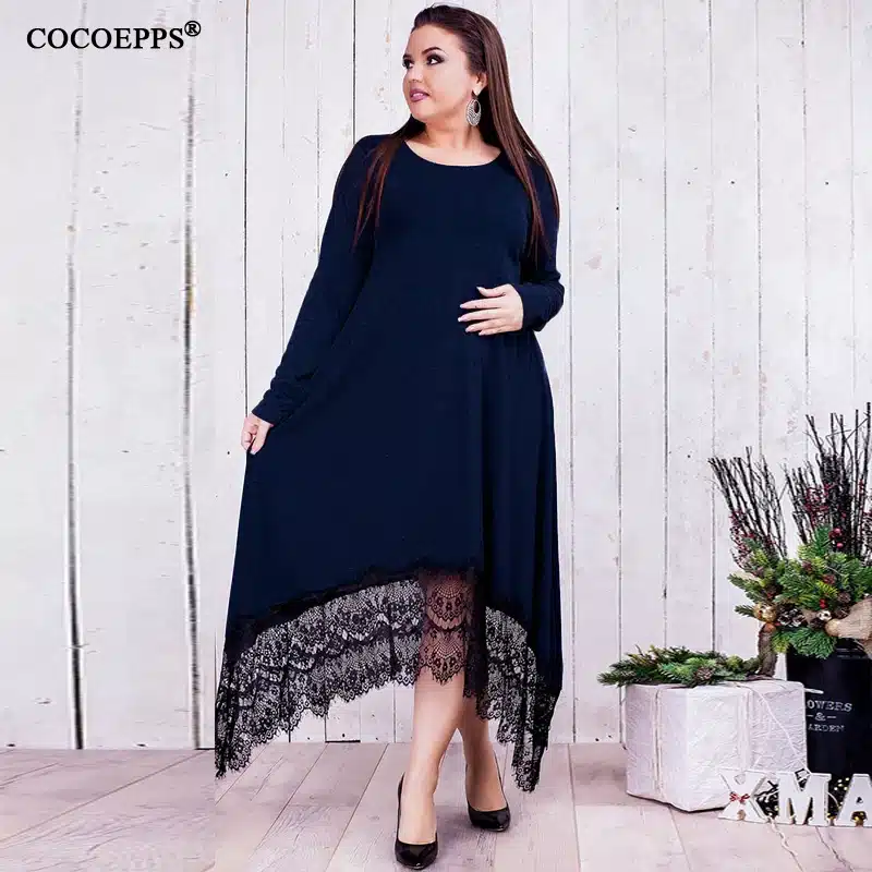 5XL 6XL 2018 new Women Irregular Lace Patchwork Long Dress Maxi Winter Big Sizes Dress Plus Size Casual Party Dresses Black Blue 14