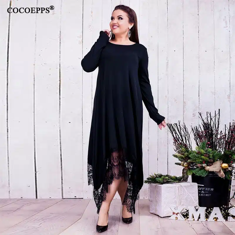 5XL 6XL 2018 new Women Irregular Lace Patchwork Long Dress Maxi Winter Big Sizes Dress Plus Size Casual Party Dresses Black Blue 15