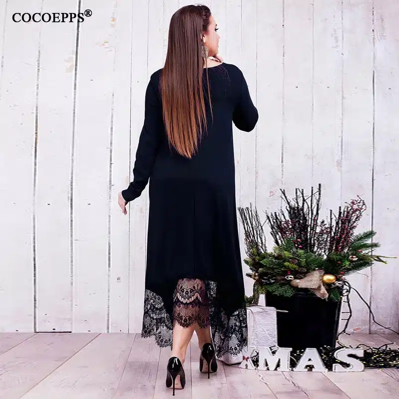 5XL 6XL 2018 new Women Irregular Lace Patchwork Long Dress Maxi Winter Big Sizes Dress Plus Size Casual Party Dresses Black Blue 16