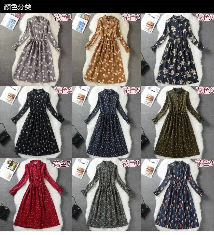 Floral Print Style Slim Cute Stand Collar Single Breasted Pleated Dress Women Vintage Autumn Winter Dress Ladies 9 Options XH028 9
