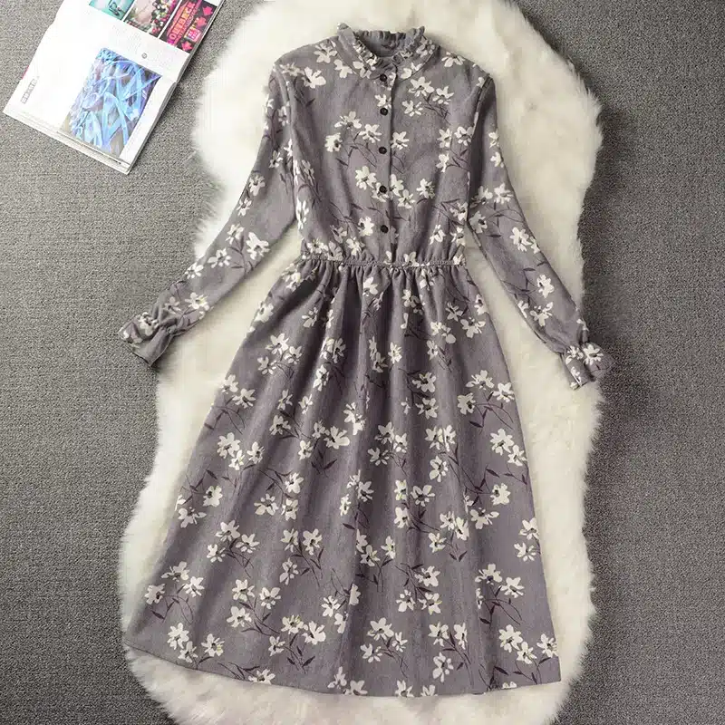 Floral Print Style Slim Cute Stand Collar Single Breasted Pleated Dress Women Vintage Autumn Winter Dress Ladies 9 Options XH028 10