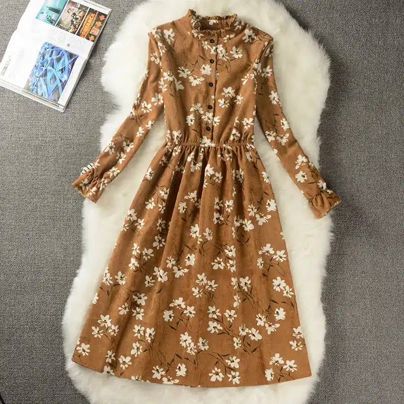 Floral Print Style Slim Cute Stand Collar Single Breasted Pleated Dress Women Vintage Autumn Winter Dress Ladies 9 Options XH028 11