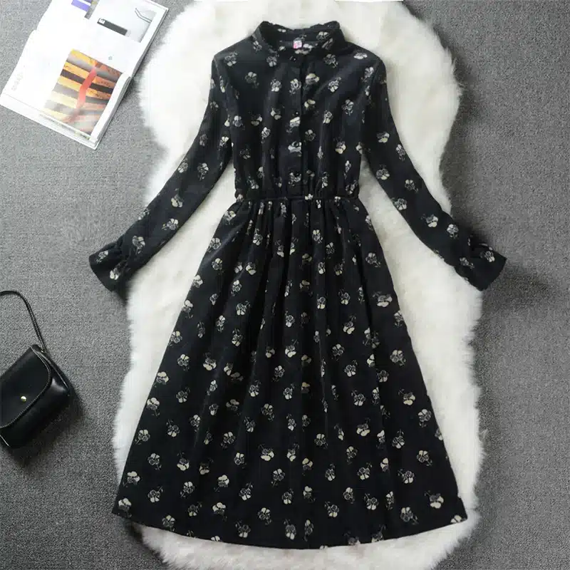 Floral Print Style Slim Cute Stand Collar Single Breasted Pleated Dress Women Vintage Autumn Winter Dress Ladies 9 Options XH028 13