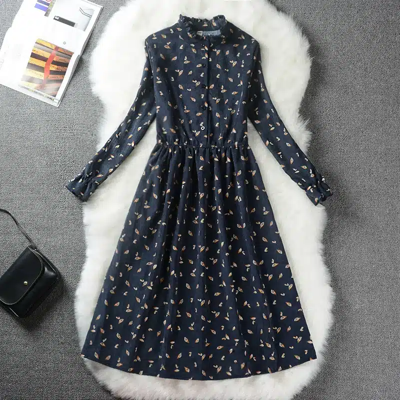 Floral Print Style Slim Cute Stand Collar Single Breasted Pleated Dress Women Vintage Autumn Winter Dress Ladies 9 Options XH028 14