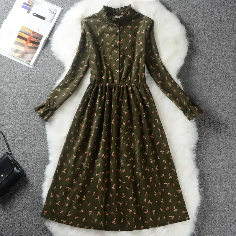 Floral Print Style Slim Cute Stand Collar Single Breasted Pleated Dress Women Vintage Autumn Winter Dress Ladies 9 Options XH028 15