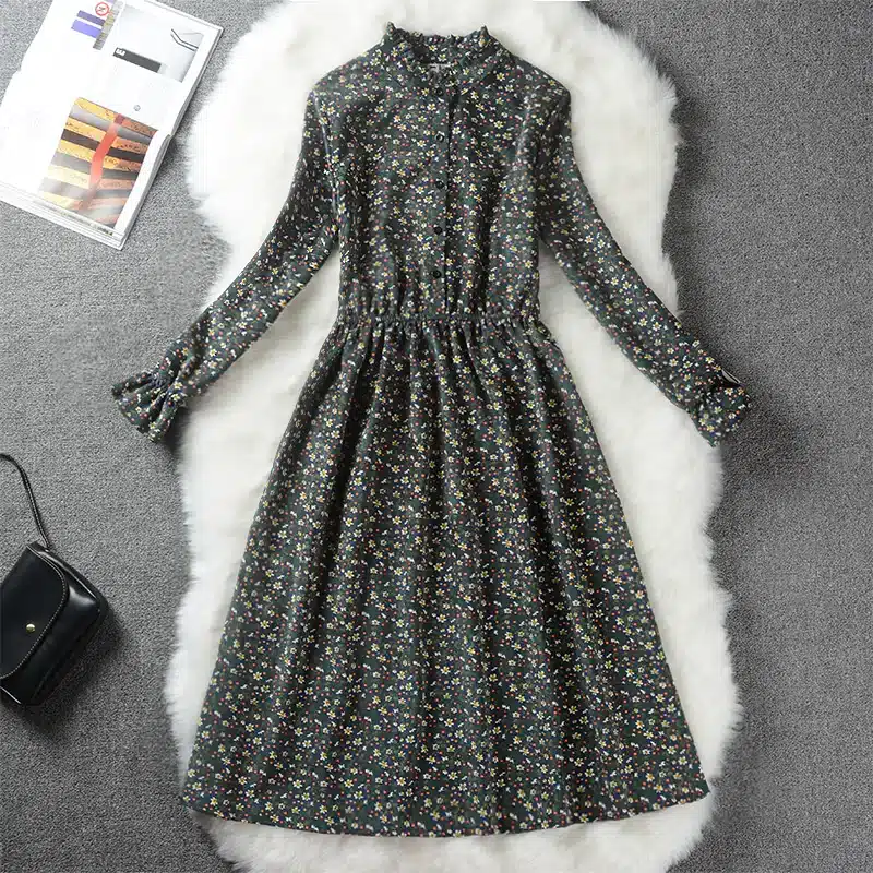 Floral Print Style Slim Cute Stand Collar Single Breasted Pleated Dress Women Vintage Autumn Winter Dress Ladies 9 Options XH028 16