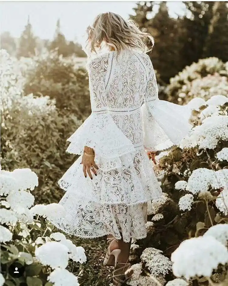HIGH QUALITY New Fashion 2018 Designer Runway Dress Women's Flare Sleeve Lace Cascading Ruffle Dress 10